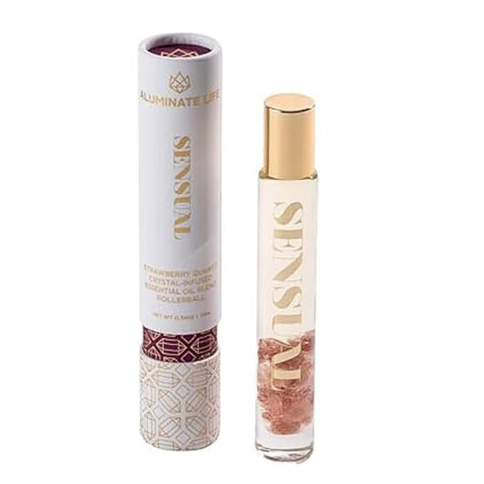 Essential Oil Rollerballs, .34 OZ, Sensual - Strawberry Quartz Crystal Infused - Scents of Star Anise, Rose, Sichuan Pepper & White Musk - Aromatherapy Roll On Oils, Massage