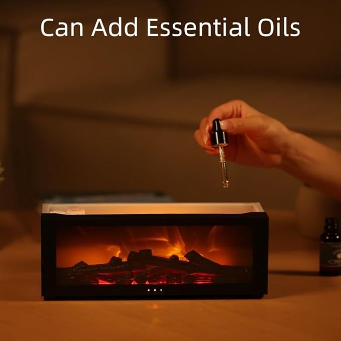 Fireplace Oil Diffuser, Mini Fireplace Diffuser, Flame Fireplace Aromatherapy Diffuser, Flame Aroma Humidifier Diffuser with Remote, Timer and Auto-Off for Home Room Office (Black)
