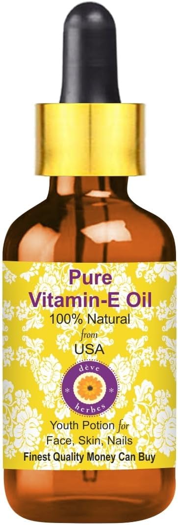 Deve Herbes Vitamin E Oil with Glass Dropper | Infused | Pure | Natutal | Undiluted | for Diluting Essential Oils | for Skin & Massage | Non-Sticky| Lightweight| Men & Women | 30ml (1 oz)