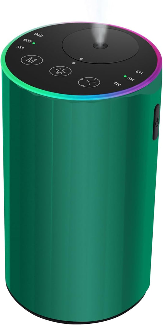 Waterless Essential Oil Diffuser, 7 Colors LED Light, Battery Powered Mini Scent Air Machine, Aromatherapy Mist Diffuser for Home Room Car Office，Black Aluminum Alloy (Black) (Green)
