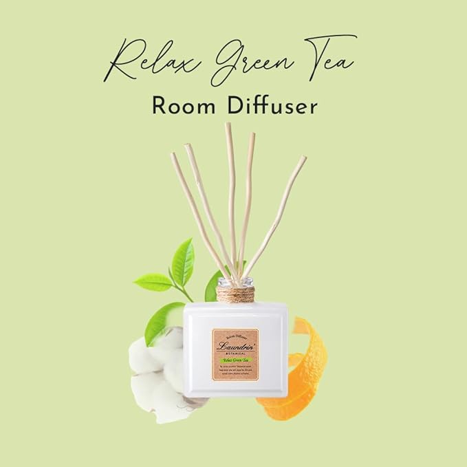 Laundrin Botanical Room Diffuser forHome - Scent Diffuser for Home, Room Freshener & Shelf Decor - Elegant HomeFragrance, Ideal Reed Diffusers for Office, Living Room - 80ml, Relax Green Tea
