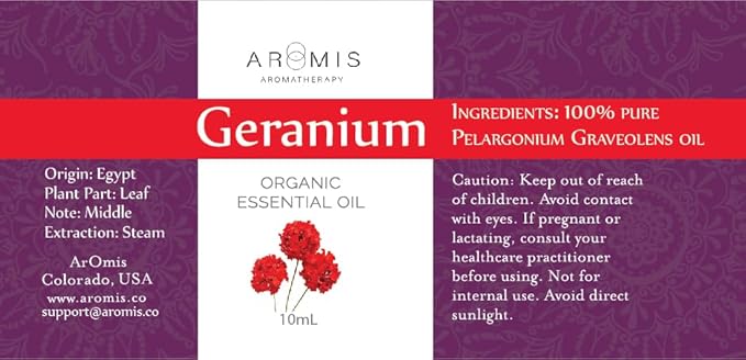 ArOmis Geranium Essential Oil - Organic - 100% Pure Therapeutic Grade - 10ml (.34 Fl Oz), Undiluted, Premium 150 Micron Filtered for Nebulizer Use