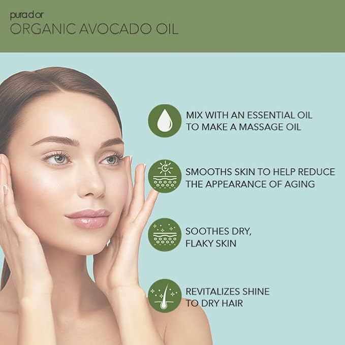 PURA D'OR ORGANIC Avocado Oil (16 Oz) 100% Pure & Natural USDA Certified Cold Pressed Carrier Oil For DIY Beauty, Non-Greasy, Unscented, Hexane Free Liquid Moisturizer - Face Skin & Hair - Men & Women