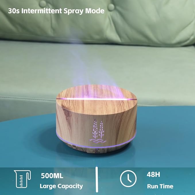 Ultrasonic Essential Oil Diffuser, 500ml Aroma Air Diffuser for Home Bedroom Large Room, 32H Cool Mist Oil Diffuser, 7 Colors Fire Night Light & Flame Wood Grain Aromatherapy Diffusers for Office