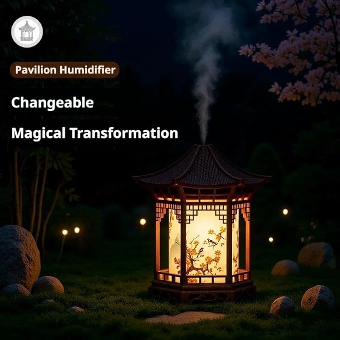 Zen Pavilion Lantern Aroma Diffuser & Night Light,160ml Essential Oil Diffuser with 2 Mist Modes,Japanese Style Zen Garden Humidifier,Warm Cool White LED,Quiet Operation for Yoga,Meditation & Sleep