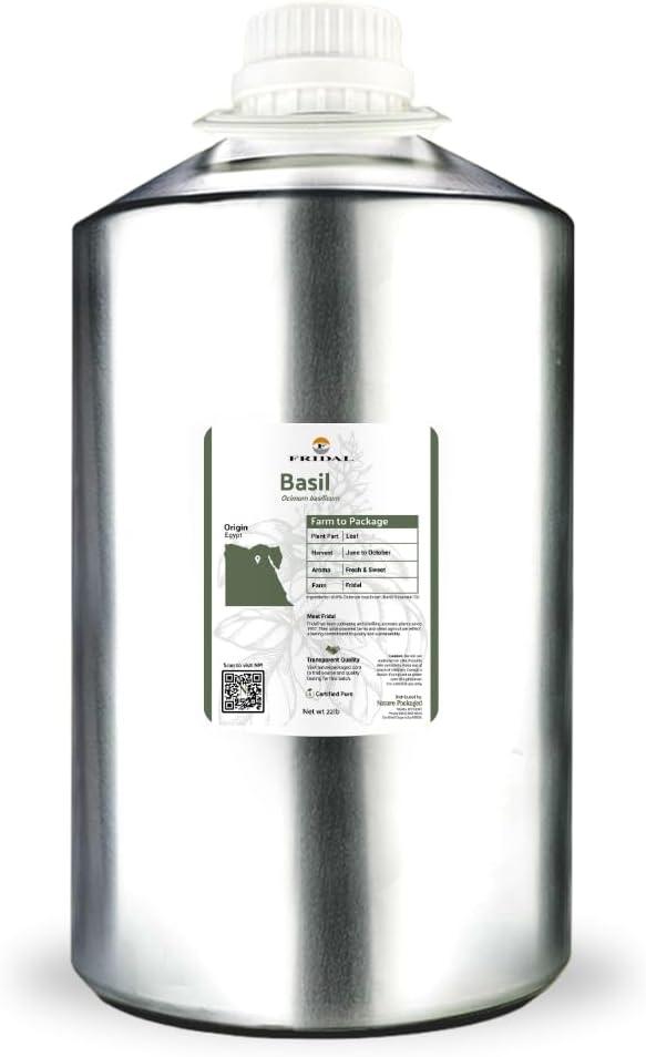 Basil Essential Oil - Direct from Fridal Egypt - Steam Distilled - Aceite de Albahaca for Aromatherapy, Massage, Diffuser, DIY Candle and Soap Making - 22 lbs