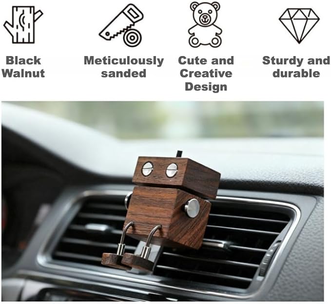 Car Air Diffuser - 2-in-1 Shaking Wooden Man Figurine & Refillable Aroma Vent Clip with 5ml Capacity + 5 Sticks, Walnut Wood Essential Oil Air Freshener, Car Dashboard Decor Gift for Driver