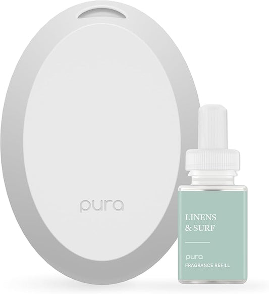 Pura Mini Smart Fragrance Diffuser for Small Spaces Adjustable Smart Home Device with LED Light & Automatic Vial Detection - Includes 1 Scent Refill - Linens & Surf