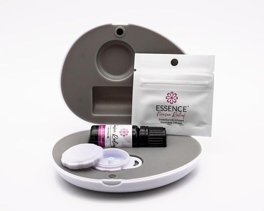 Essence Pearl Travel Case | Nausea Relief Essential Oil | Aromatherapy Nasal Diffuser & Essential Oil Carrying Case | Peppermint & Ginger Blend | Travel-Friendly Kit | White Pod