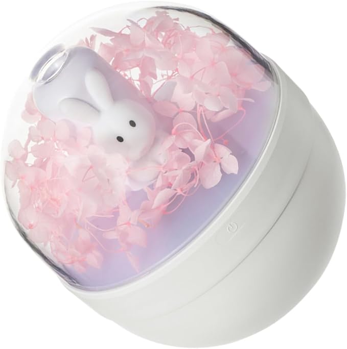 Cute Pink Rabbit Humidifier with Preserved Flower Portable LED Aroma Diffuser Low Noise Mist Maker Night Light for Home and Office Use