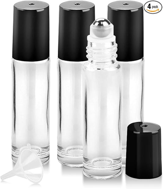 Worldgsb 4 Pack Essential Oil Roller Bottles, 10ml Refillable Clear Glass Roller Bottles with Stainless Steel Roller Balls and Caps for Travel, Perfume and Lip Gloss