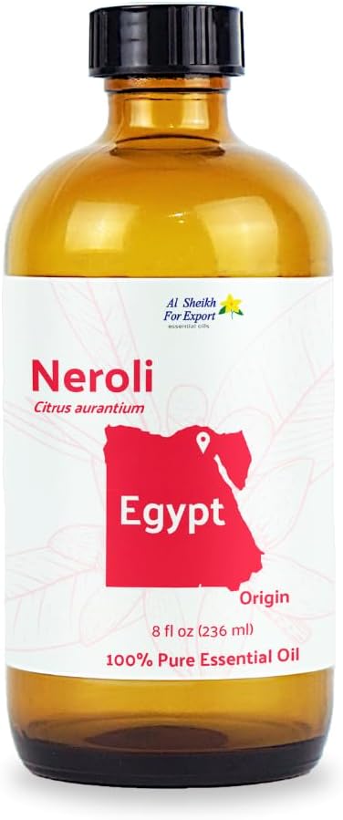 Neroli Essential Oil - Direct from Al Sheikh for Export Egypt - Steam Distilled - Aceite de Neroli for Aromatherapy, Massage, Diffuser, DIY Candle and Soap Making - 8oz