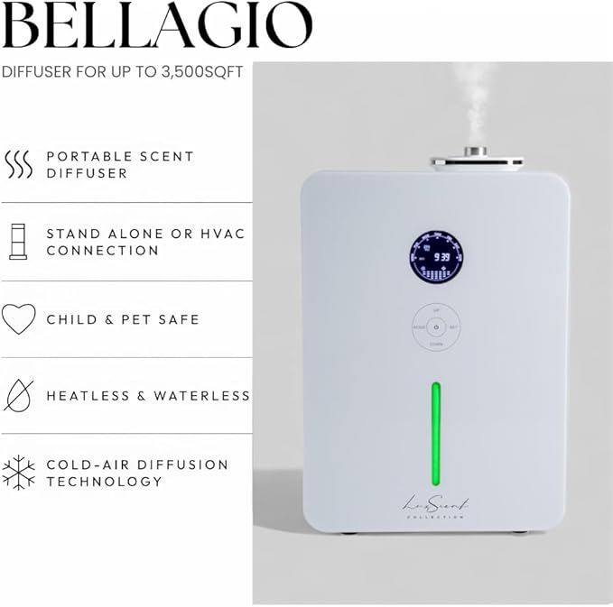 Aroma Scent Diffuser Bellagio - for Up to 3500sq ft HVAC System or Stand Alone - Fragrance Oil Hotel Diffuser Heatless, Waterless, Smart Timer, No Residue, Home Essential Oils Diffusers (White)