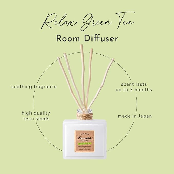 Laundrin Botanical Room Diffuser forHome - Scent Diffuser for Home, Room Freshener & Shelf Decor - Elegant HomeFragrance, Ideal Reed Diffusers for Office, Living Room - 80ml, Relax Green Tea