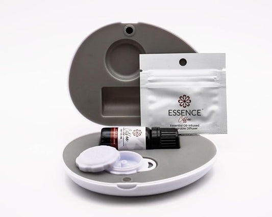 Essence Pearl Travel Case | Coffee Essential Oil | Aromatherapy Nasal Diffuser & Essential Oil Carrying Case | Invigorating Coffee & Coconut Blend | Travel-Friendly Kit | White Pod