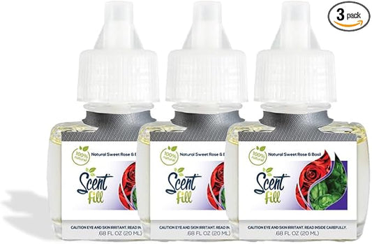 Scent Fill 100% Natural Sweet Rose & Basil Plug in Air Freshener, Scented Oil Refills, 3 Refills