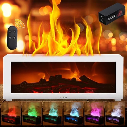 Fireplace Diffuser for Essential Oils Fireplace Humidifier with Remote 7 Colours Wall Mini Fireplace Aromatherapy Humidifier Diffuser Flame Diffuser with Remote Control, Timer, Auto-Off (White)