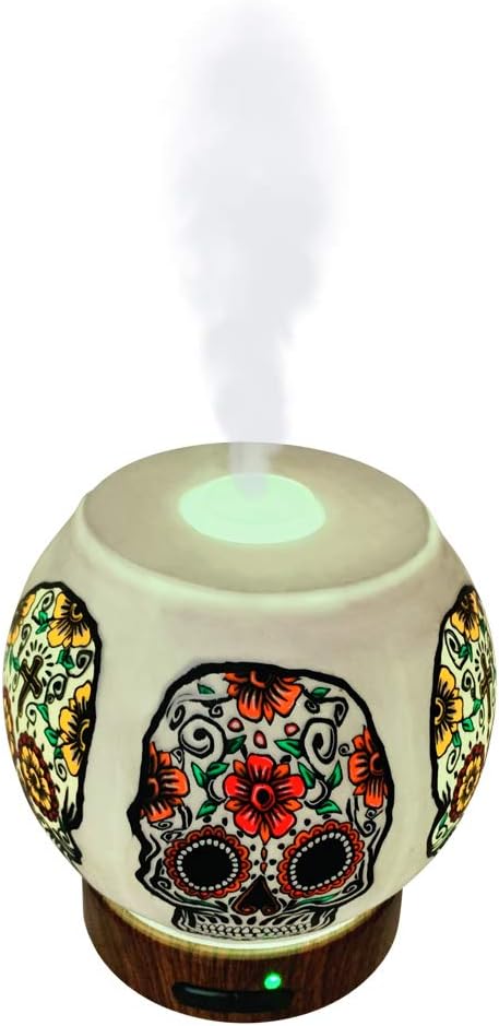 Essential Oil Diffuser Ultrasonic Handcrafted 120ml Aroma Essential Oil Cool Mist Humidifier with Adjustable Mist Mode, Auto Shut-Off and 7 Color LED Lights Changing (Sugar Skull)
