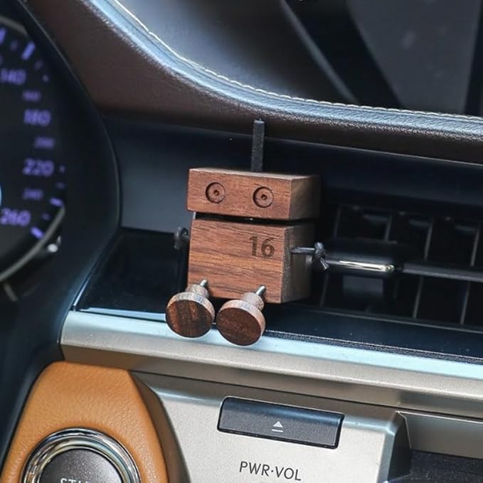 Car Air Diffuser - 2-in-1 Shaking Wooden Man Figurine & Refillable Aroma Vent Clip with 5ml Capacity + 5 Sticks, Walnut Wood Essential Oil Air Freshener, Car Dashboard Decor Gift for Driver