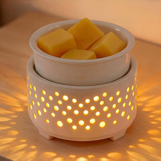 EQUSUPRO Ceramic Wax Melts Warmer–Electric Candle Wax Warmer for Scented Wax PTC Heating 4-in-1 Night Light Electric Wax Burner Fragrance Wax Melter for Home Office Decor & Gift (Hollow-Out)
