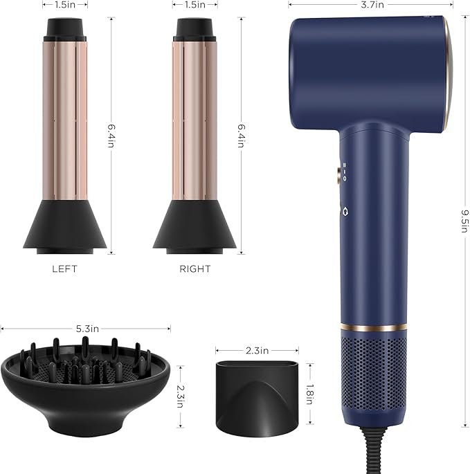 PARWIN PRO BEAUTY Air-Sonic Hair Dryer with Diffuser, HD-LED Display & 110, 000 RPM High Speed Ionic Blow Dryer, 1 1/4 Inch Left & Right Air Auto-Wrap Curlers, Prussian Blue Professional Version