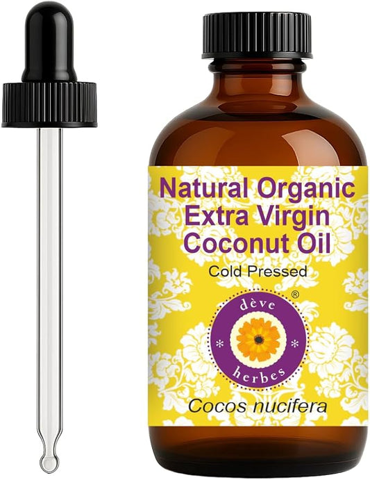 dève herbes Organic Extra Virgin Coconut Oil (Cocos nucifera) with Glass Dropper | Cold Pressed | Pure | For Diluting Essential oils | Hair, Skin & Massage | Lightweight| Unisex | 120ml (4 oz)