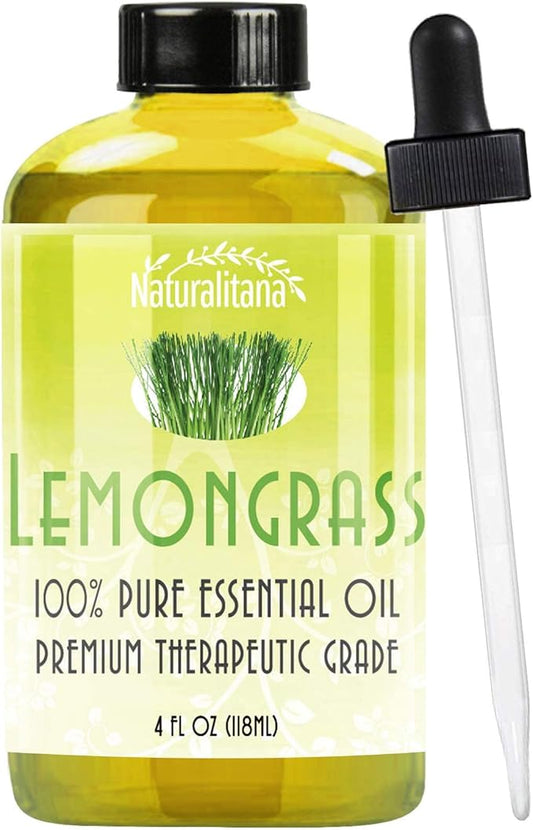 Naturalitana Lemongrass Essential Oil Therapeutic Grade for Aromatherapy, Diffuser, Skin, Hair, Candle, Soap, and Dropper – 4 fl oz