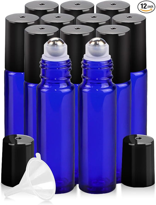 Worldgsb 12 Pack Essential Oil Roller Bottles, 10ml Refillable Glass Roller Bottles with Stainless Steel Roller Balls and Caps for Travel, Perfume and Lip Gloss Blue