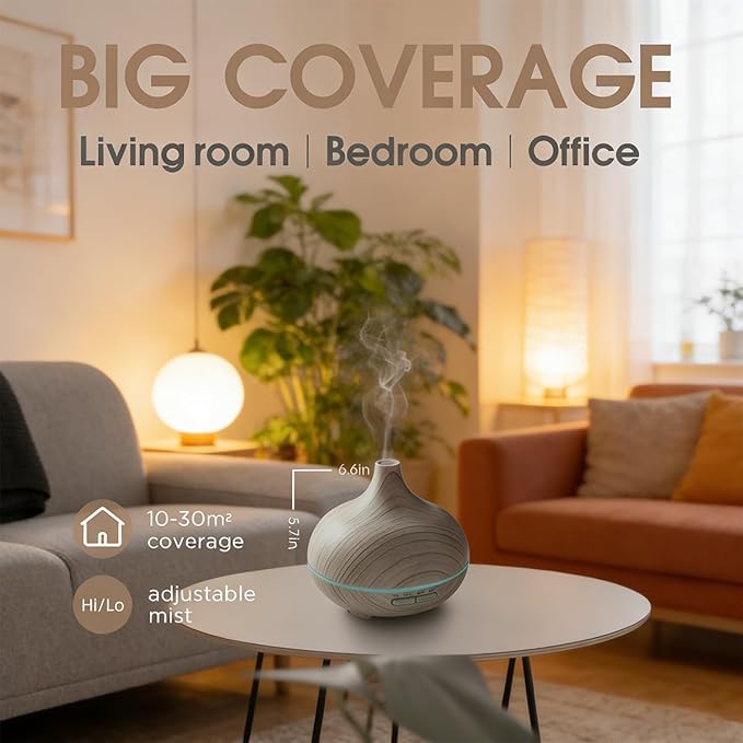 550ml Large Capacity Essential Oil Diffuser with 6 Aromatherapy Oils,Humidifier for Home Decor with Waterless Auto-Off,7 Color LED Light for Yoga Gym Office Decoration (White Wood Grain)