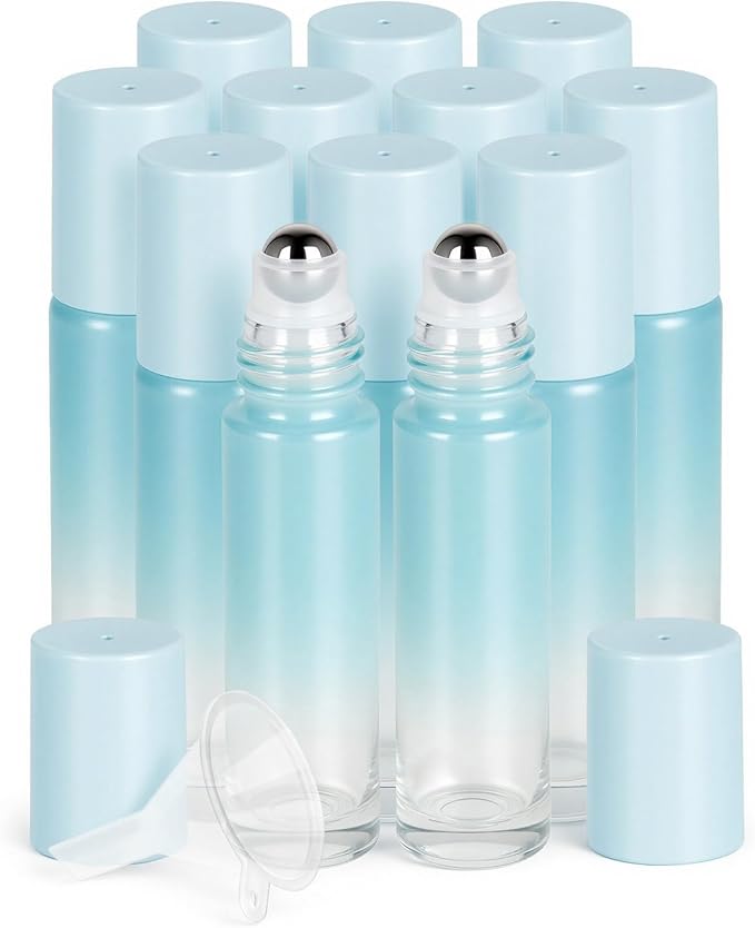 Worldgsb 12 Pack Essential Oil Roller Bottles, 10ml Refillable Glass Roller Bottles with Stainless Steel Roller Balls and Caps for Travel, Perfume and Lip Gloss Blue Gradient