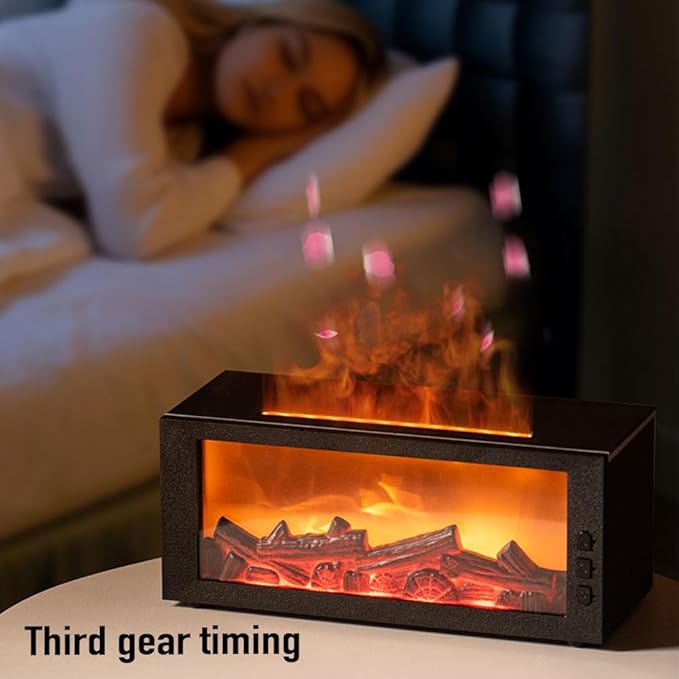 Fireplace Flame Diffuser & Humidifier with 2 Essential Oils – 4-in-1 Ultrasonic Aroma Mist Maker with Remote, 7-Color LED Flame Light, Auto Shut-Off, Quiet & Safe for Home, Bedroom, Office (Black)
