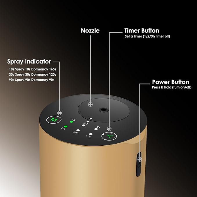 Waterless Essential Oil Diffuser, 7 Colors LED Light, Battery Powered Mini Scent Air Machine, Aromatherapy Mist Diffuser for Home Room Car Office，Black Aluminum Alloy (Gold)