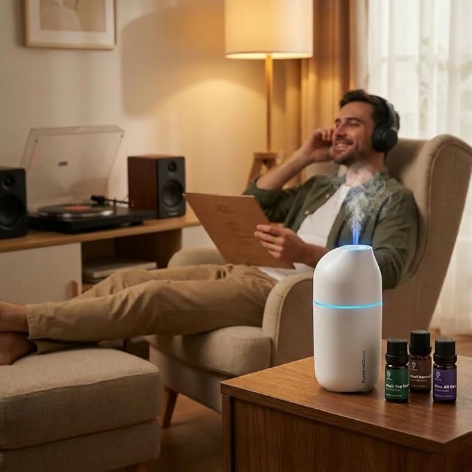 HumminGuru Ultrasonic Essential Oil Diffuser & Humidifier - 90ml USB-C Aromatherapy Device for Car, Home, Office with 3 Essential Oils (Lavender, Peppermint, Cedar) - 20-Min Auto Shutoff, White