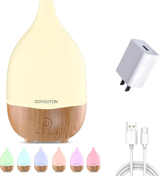 Essential Oil Diffuser, 200ml Small Aromatherapy Diffuser with 7 Color LED Lights Quiet Waterless Auto Shuts-off，Air Humidifier Aroma Diffuser，Ultrasonic Diffusers for Essential Oils for Office Home