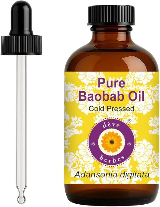 dève herbes Baobab Oil (Adansonia digitata) with Glass Dropper | Cold Pressed | Pure | Natural | For Diluting Essential oils | For Skin & Massage | Non-Sticky | Lightweight | Unisex | 120ml (4 oz)