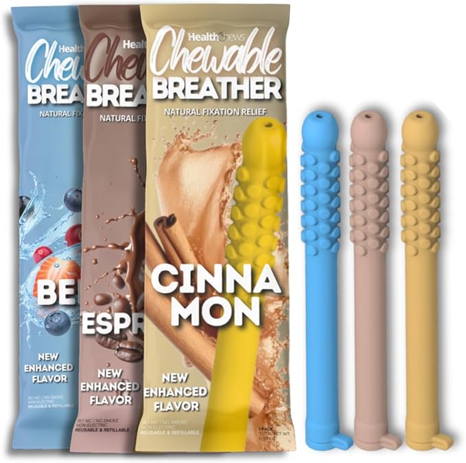 Smokeless Inhaler 3 Pack, Flex Chewable-Breather, Aromatherapy Breathing Tool with Refill Cores, Portable Fresh Air Diffuser for Habit Replacement, Wellness Quit Smoking (Focus Mix - 3 Pack)