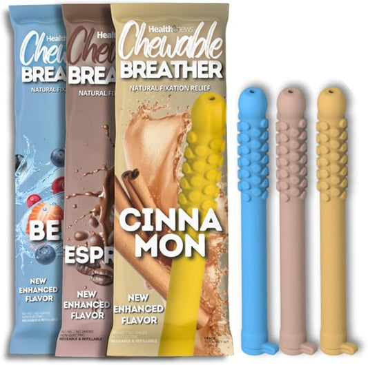Smokeless Inhaler 3 Pack, Flex Chewable-Breather, Aromatherapy Breathing Tool with Refill Cores, Portable Fresh Air Diffuser for Habit Replacement, Wellness Quit Smoking (Focus Mix - 3 Pack)