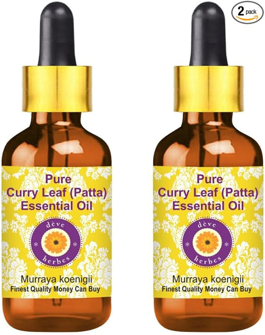 dève herbes Curry Leaf (Patta) Essential Oil (Murraya koenigii) with Glass Dropper Pure | Non-Sticky | Non-Greasy | Lightweight | Men & Women | All Skin Types | Steam Distilled 10ml X 2 (0.67 oz)