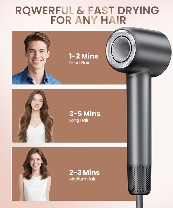 Hair Dryer, Professional 140000 RPM High-Speed Brushless Motor Negative Ionic Low Noise Blow Dryer for Fast Drying, Thermo-Control Quiet with Magnetic Nozzle for Home Travel Salon Use,Black