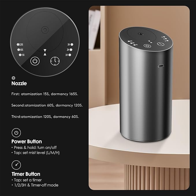 Car Diffuser, Waterless Essential Oil Diffuser with 2000mAh Battery & Timer, Adjustable Mist Cordless Aromatherapy for Car, Portable Air Freshener with Premium Aluminum Alloy & Type-C Charging(Grey)