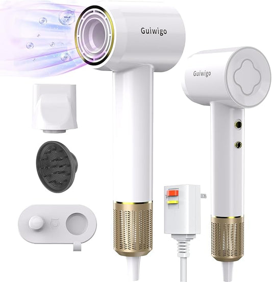 Hair Dryer, Guiwigo High Speed Professional Ionic Hair Dryers with Diffuser,Nozzle,Wall Mount, 3 in 1,Fast Drying,Low Noise,200 Million Negative Ions,Hair Dryers for Women,Men,Kids,Pets,Gift
