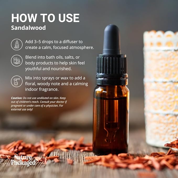 Sandalwood Essential Oil - Direct from Australian Oils of Nature - Steam Distilled - Aceite Esencial de Sándalo for Aromatherapy, Massage, Diffuser, DIY Candle and Soap Making - 5ml