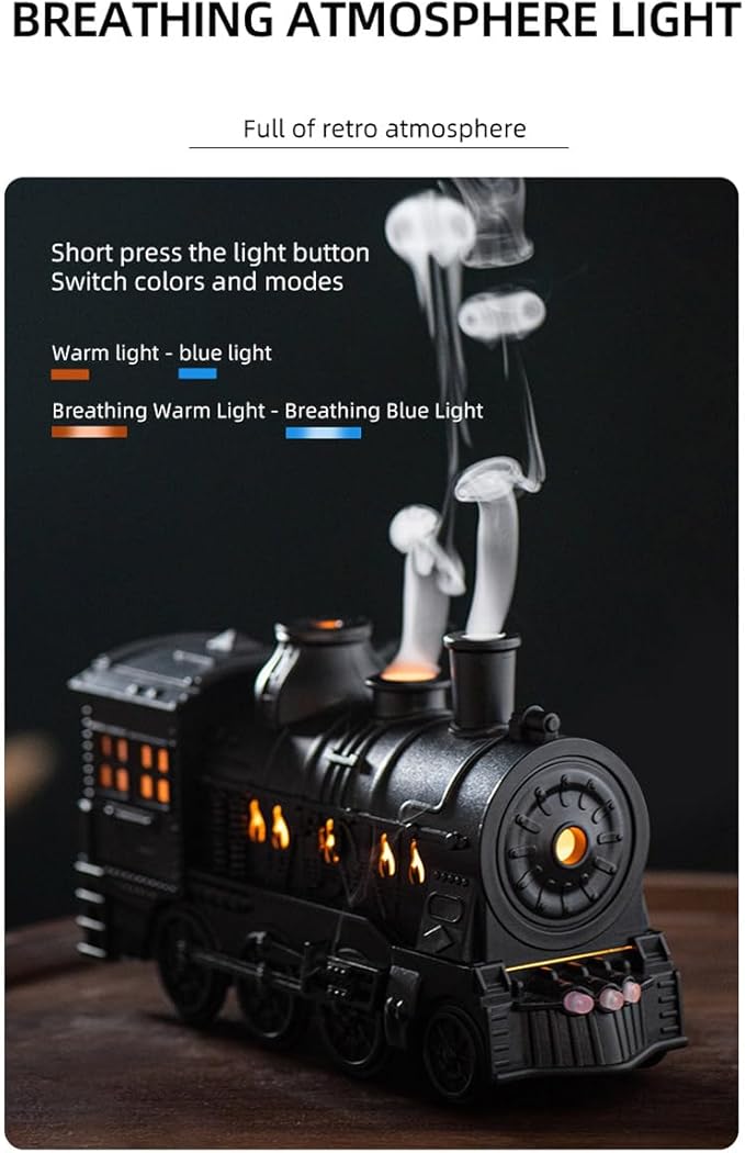 300ml Vintage Steam Train Aromatherapy Essential Oil Diffuser and Humidifier with Dual-Color LED Light, Ultra-Quiet and Auto Shut-Off (Standard US Power Supply)