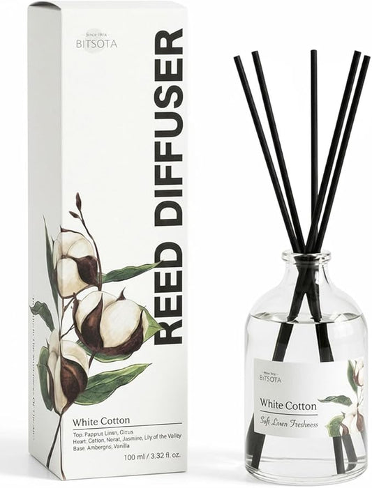 Reed Diffuser Set for Bathroom & Home, Long Lasting Essential Oil Aroma, Glass Bottle Home Fragrance with Sticks, Ideal Gift for Woman, 3.52oz (100ml) (White Cotton)