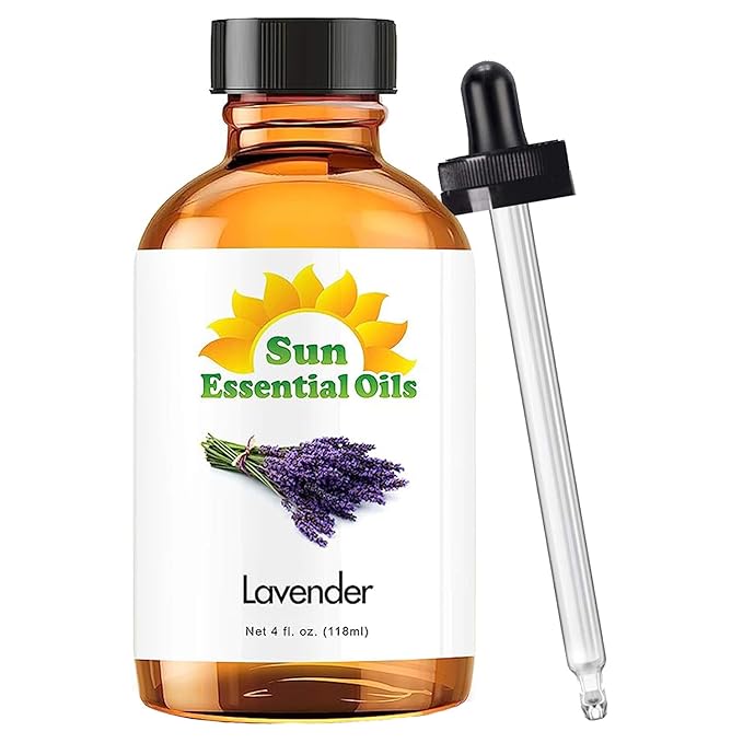 Sun Essential Oil - Lavender Essential Oil 4 oz (118 ml) with Dropper for Diffuser, Humidifier, Skin, Aromatherapy Massage, Scented for Soap & Candle Making at Home, Calming Aroma for Sleep