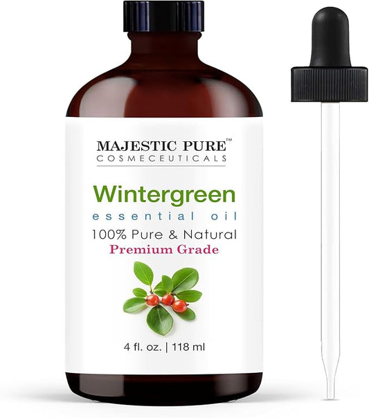 Majestic Pure Essential Oil with Glass Dropper - 100% Pure and Natural - Essential Oils for Diffuser, Aromatherapy, Soap and Candle Making, Wintergreen Essential Oil, Wintergreen Oil, 4 Fl Oz