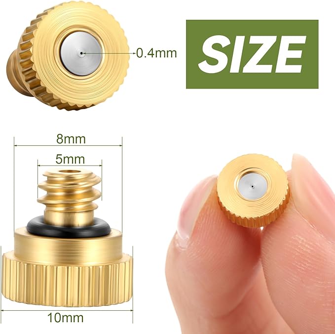 Zhengmy 100 Pcs 0.4mm Brass Misting Nozzles, Mister Nozzles Brass for Outdoor Cooling System Orifice 10/24 UNC Replacement Heads for Outdoor Cooling System