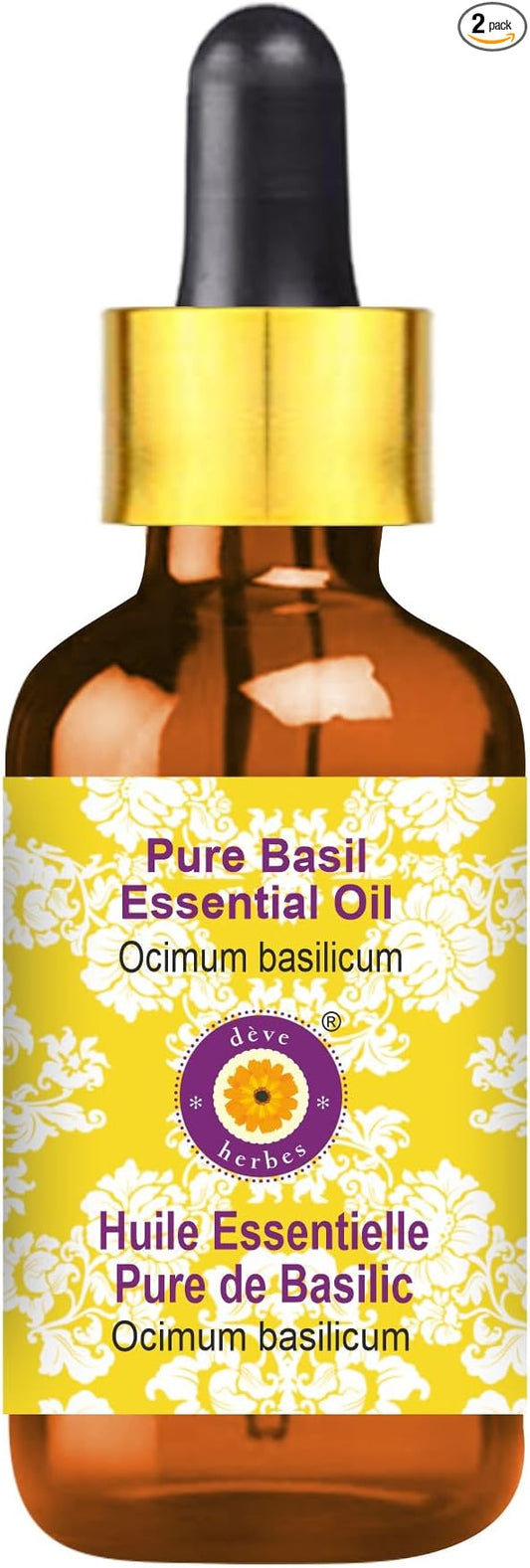 Deve Herbes Pure Basil Essential Oil (Ocimum basilicum) with Glass Dropper Steam Distilled 30ml (1 oz)