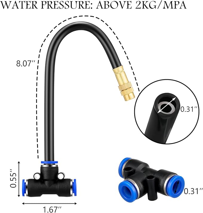 Zonon 10 Pcs Brass Misting Nozzles Tee with 8" Built in Hose for 0.32"/8 mm Tubing 360 Degree Rotation Adjustable Water Mister Nozzle Thread Sprayer Misting Part Accessories for Patio Outdoor Cooling