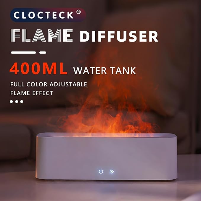 ClocTeck Flame Diffuser for Essential Oils, 380ml Large Fire Humidifier for Desk, Full-Color Adjustable, 28dB Quiet, Cool Mist